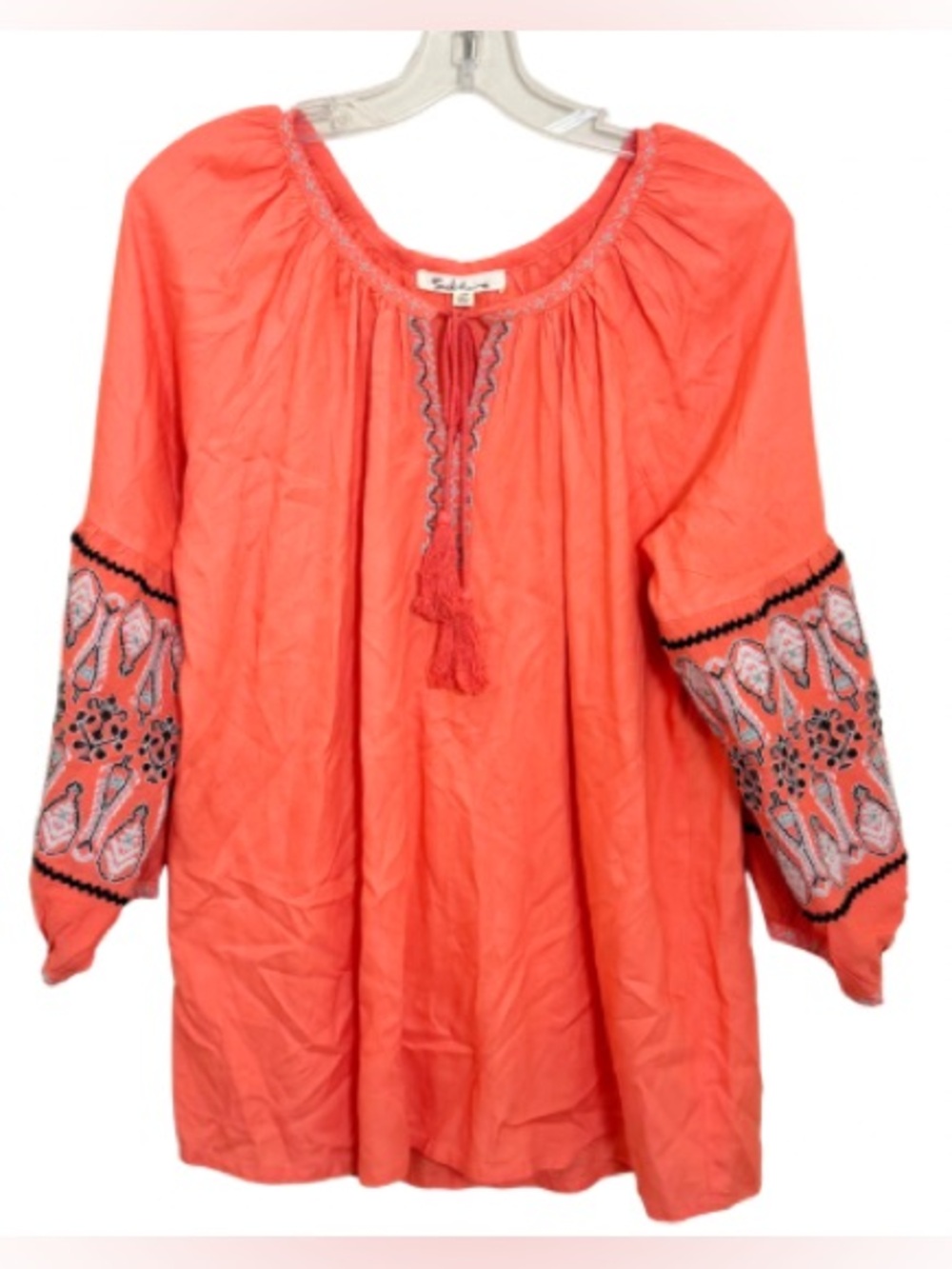 Solitaire Coral Boho Embroidered Peasant Cottage Hippie Popover Top Size Medium